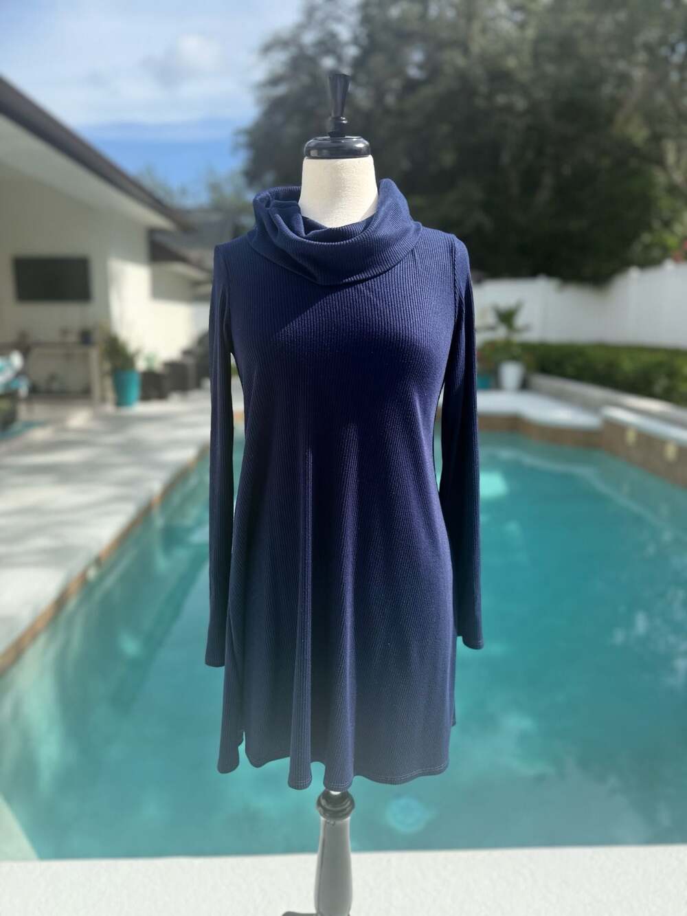 Nine Britton Navy Blue Cowl Neck Ribbed Hacci Knit Long Sleeve Dress